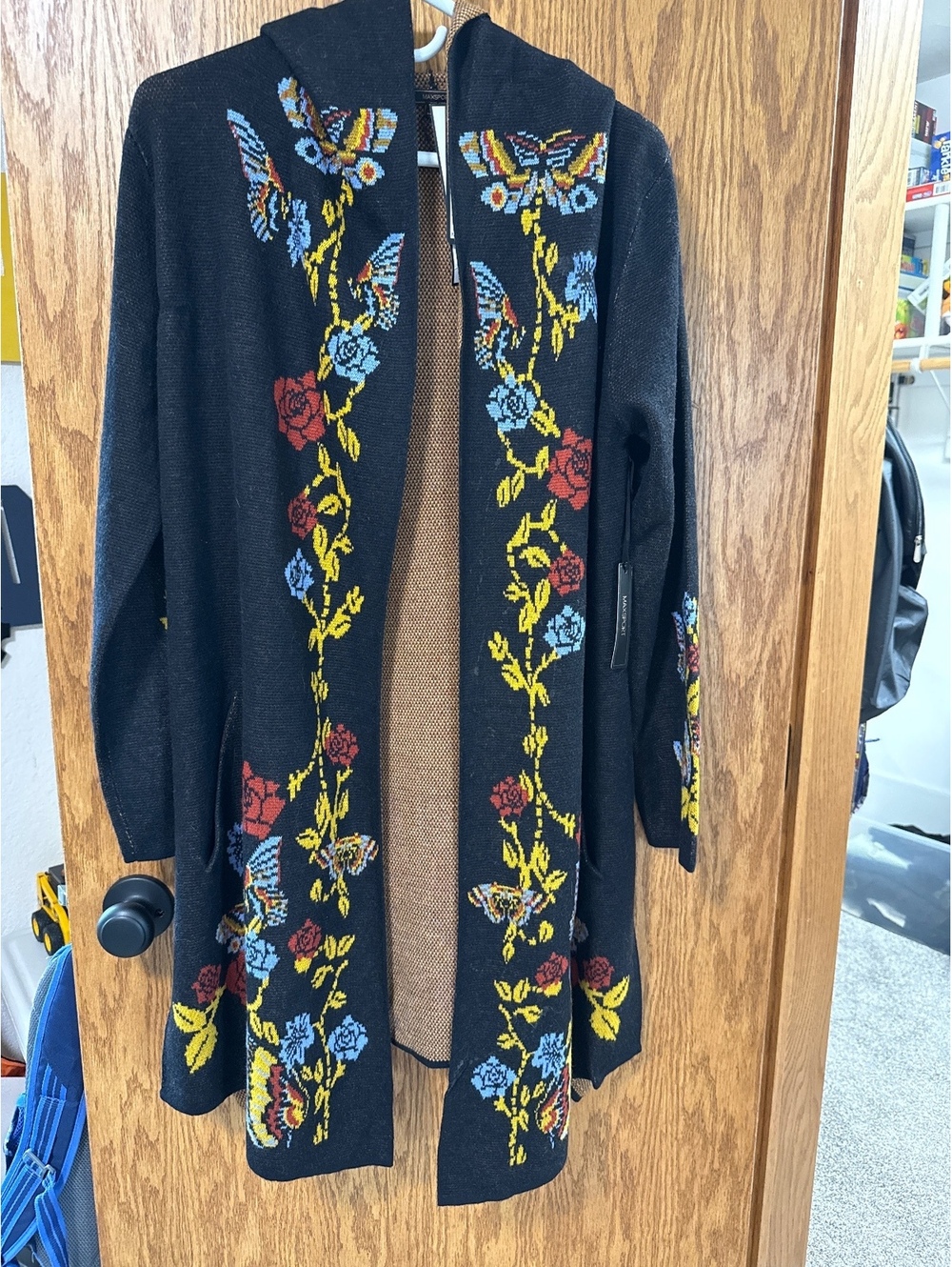 Max Sport Women's Hooded Open Long Cardigan Sweater Black Combo Floral